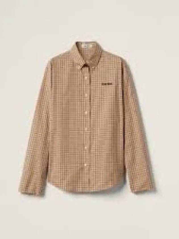 Embroidered Logo Check Long Sleeve Shirt Beige - MIU MIU - BALAAN 2