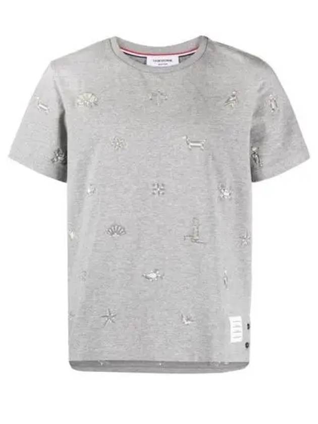 Embroidered Cotton Short Sleeve T-Shirt Grey - THOM BROWNE - BALAAN 2