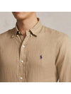 Embroidered Logo Linen Long Sleeve Shirt Brown - POLO RALPH LAUREN - BALAAN 5