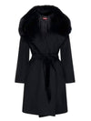 Studio Mango Fox Fur Hooded Wool Single Coat Black - MAX MARA - BALAAN.