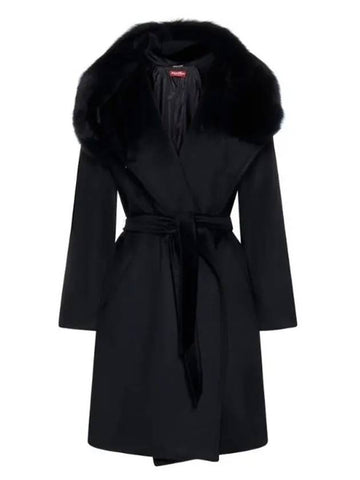 Mango Fox Fur Hooded Wool Single Coat Black - MAX MARA - BALAAN 1