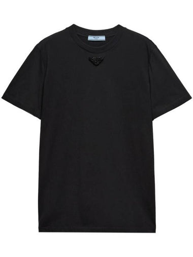 Embroidered Triangle Short Sleeve T-Shirt Black - PRADA - BALAAN 1