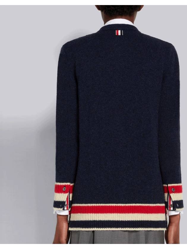 Jersey Stitch Shetland Wool Stripe Crew Neck Cardigan Navy - THOM BROWNE - BALAAN 4