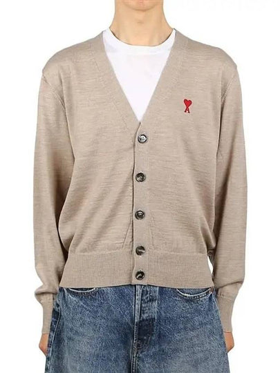 Red Heart Logo Merino Wool Cardigan Beige - AMI - BALAAN 2