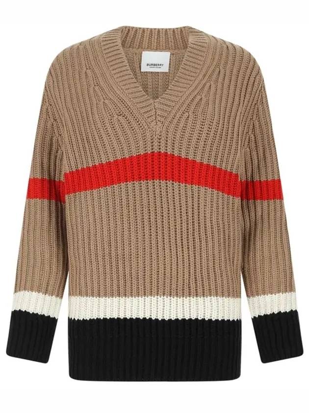 Striped V-neck Cashmere Knit Top Brown - BURBERRY - BALAAN.