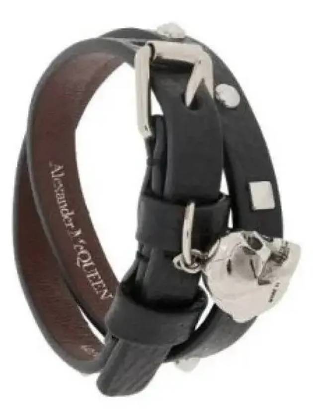 Men's Silver Skull Stud Double Leather Bracelet Black - ALEXANDER MCQUEEN - BALAAN 2