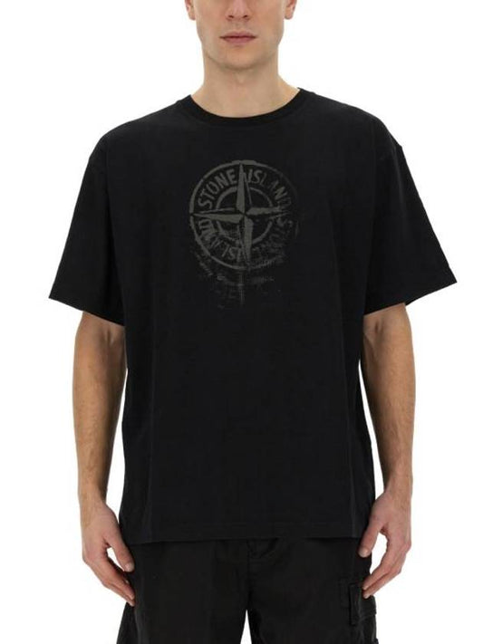 Men's Logo Print Crew Neck Short Sleeve T-Shirt Black - STONE ISLAND - BALAAN 1