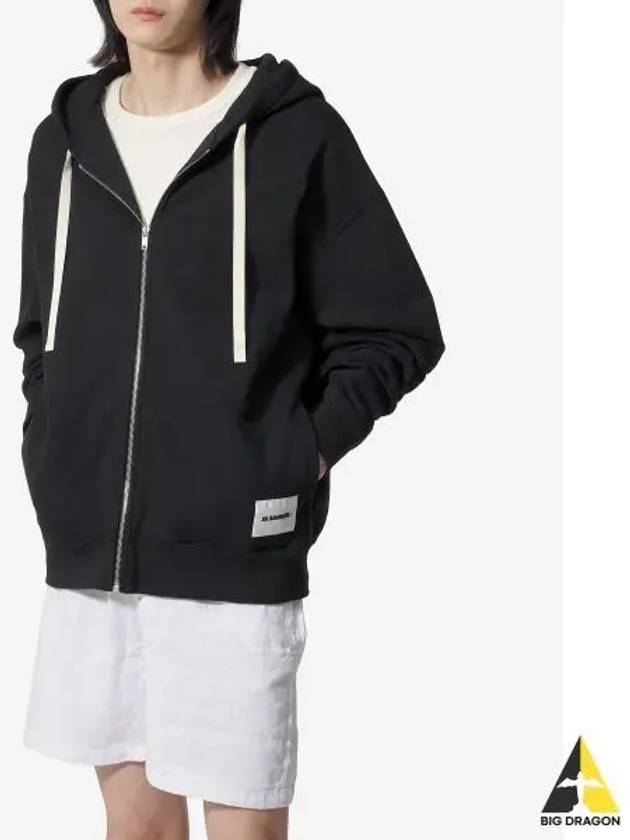 Logo Patch Drawstring Cotton Zip-up Hoodie Black - JIL SANDER - BALAAN 2