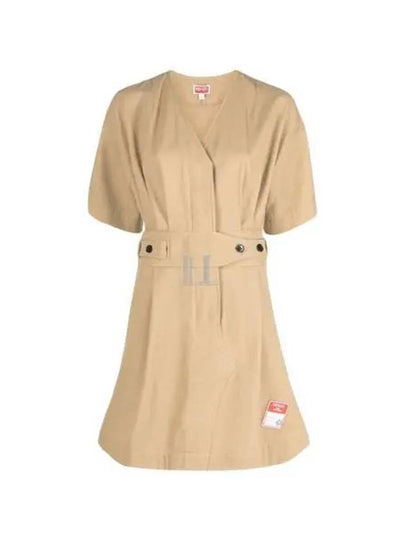 V-neck Shirt Belt Cotton Short Dress Beige - KENZO - BALAAN 2