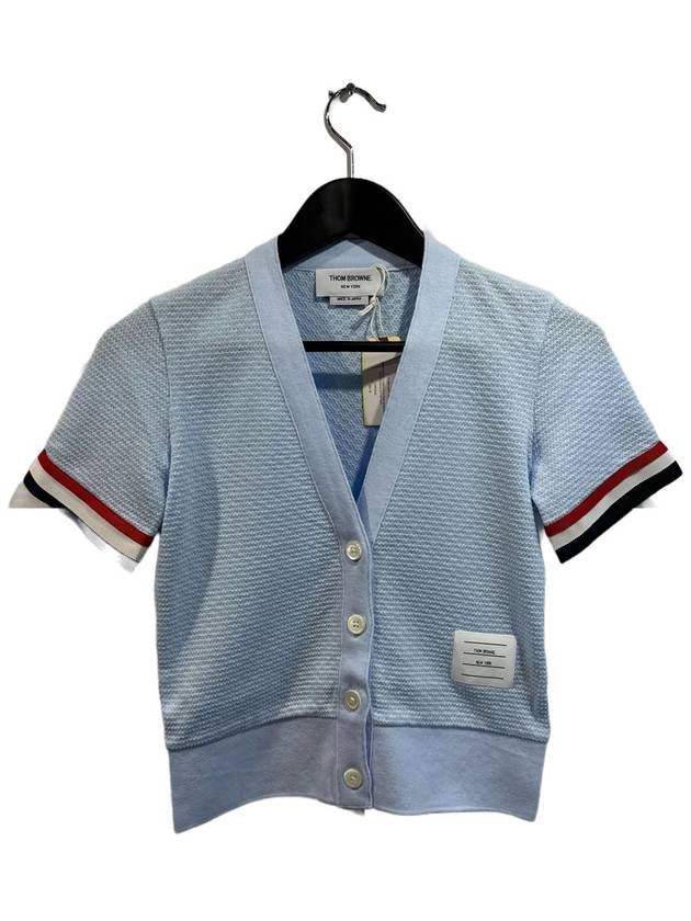 Women's RWB Striped Short Sleeve Cardigan Light Blue - THOM BROWNE - BALAAN 2