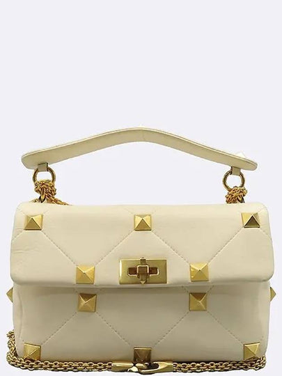 2W2B0I60BSF Ivory leather gold Roman stud Garavani L size tote bag shoulder strap - VALENTINO - BALAAN 2