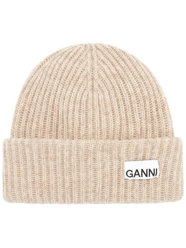 Logo Patch Knit Beanie Sand - GANNI - BALAAN.