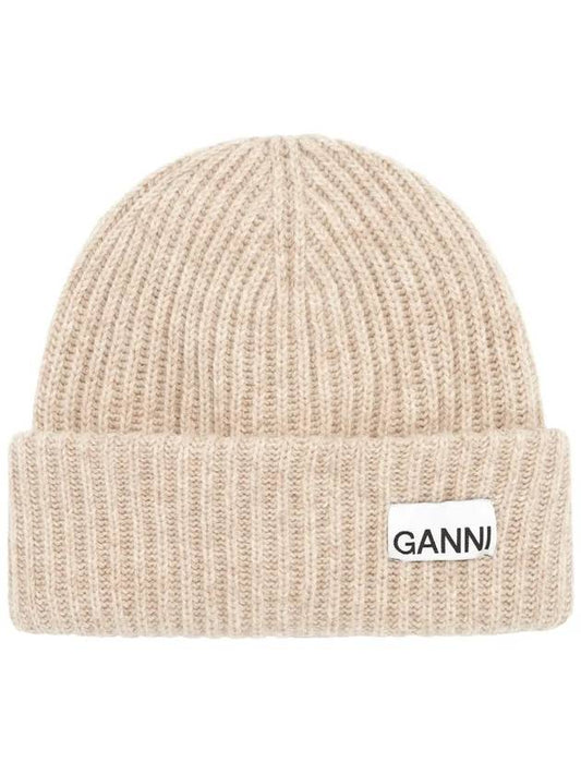 Logo Patch Knit Beanie Sand - GANNI - BALAAN.