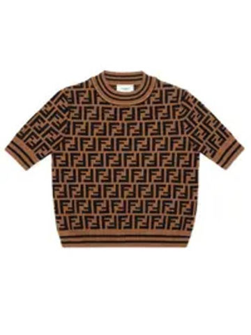 Kids FF All Over Short Sleeve Knit Top Brown - FENDI - BALAAN 1