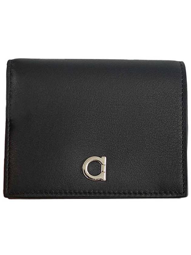 Gancini Silver Logo Leather Half Wallet Black - SALVATORE FERRAGAMO - BALAAN 2