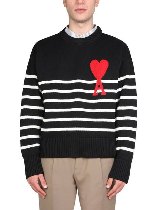 Striped Big Heart Logo Knit Top Black - AMI - BALAAN 2