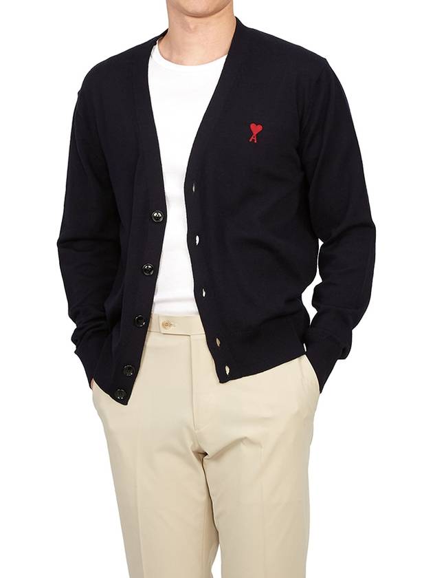 Red Heart Logo Merino Wool Cardigan Navy - AMI - BALAAN 6