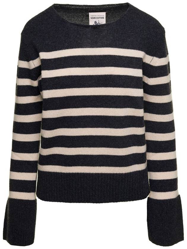 Grey Striped Sweater With Wide Crewneck And Long Sleeves In Wool Woman - SEMI COUTURE - BALAAN 1