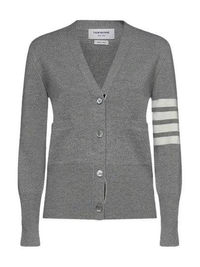 Milano Stitch 4 Bar Classic V Neck Fine Merino Wool Cardigan Medium Grey - THOM BROWNE - BALAAN 2