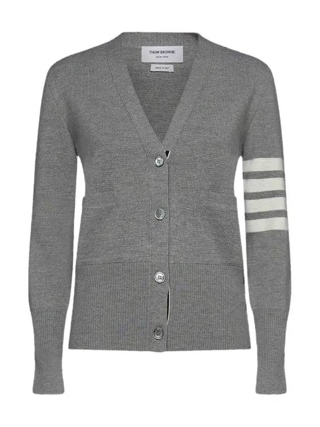 Milano Stitch 4 Bar Classic V Neck Fine Merino Wool Cardigan Medium Grey - THOM BROWNE - BALAAN 3