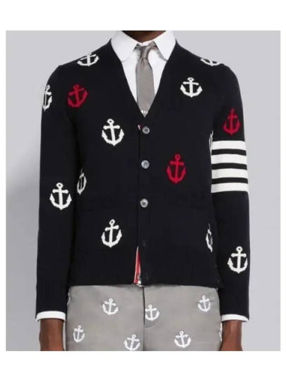 Anchor Intarsia 4-Bar V-Neck Cardigan Navy - THOM BROWNE - BALAAN 2