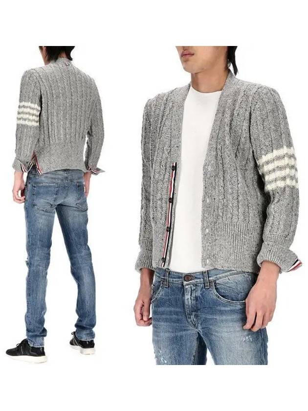 Donegal Twist Cable 4 Bar Classic V Neck Cardigan Light Grey - THOM BROWNE - BALAAN 2