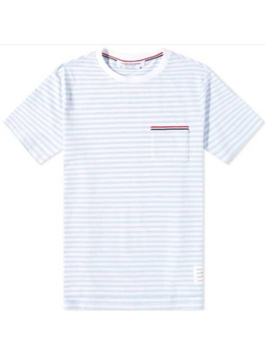 Striped Jersey Pocket Short Sleeve T-Shirt Light Blue White - THOM BROWNE - BALAAN.