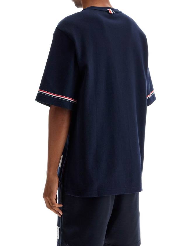 navy blue striped cotton t-shirt with wide neck - THOM BROWNE - BALAAN 3