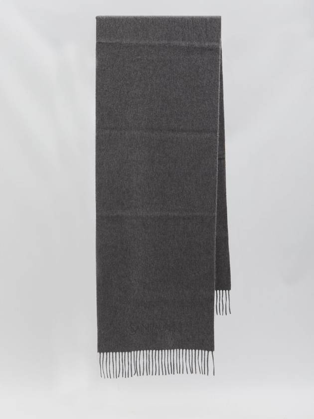 Logo Embroidered Cashmere Muffler Graphite - SAINT LAURENT - BALAAN 2