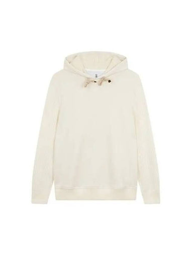 Men s Ribbed Tissue Sleeve Hooded Sweatshirt Ivory 270665 - BRUNELLO CUCINELLI - BALAAN 1