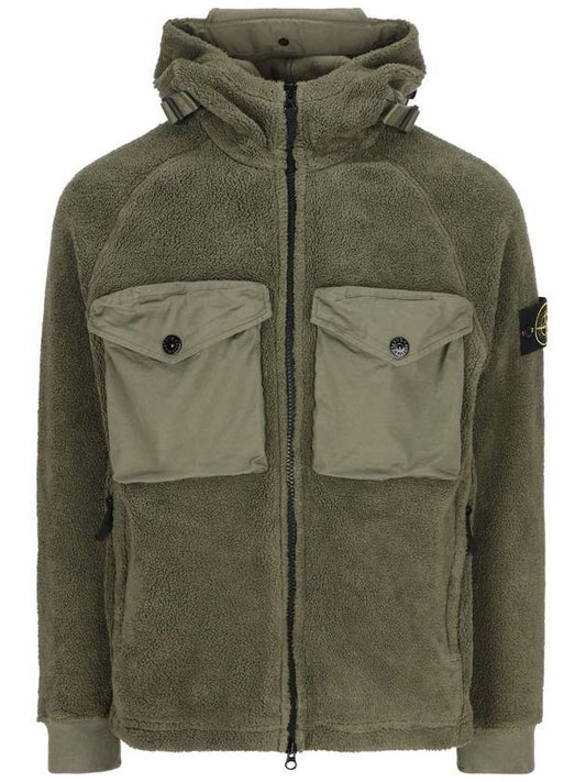 Men's Waffen Patch Shearling Hooded Jacket Khaki - STONE ISLAND - BALAAN 1