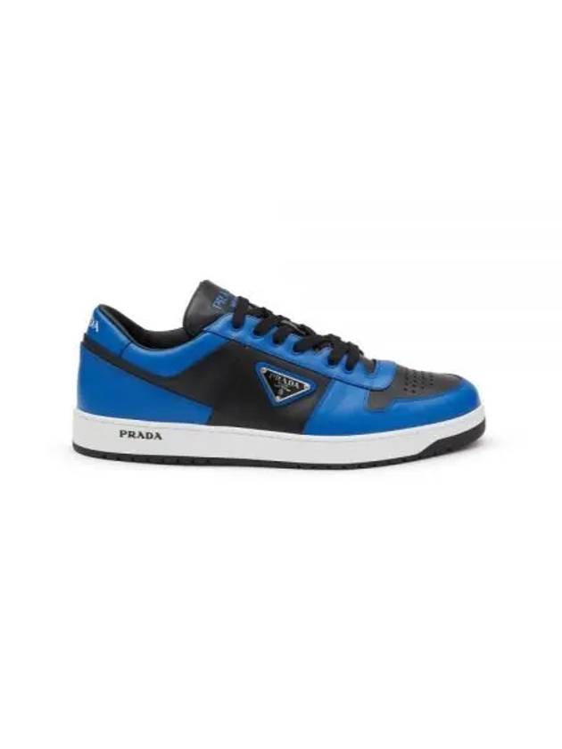 Men's Downtown Triangle Logo Leather Low Top Sneakers Blue Black - PRADA - BALAAN 2