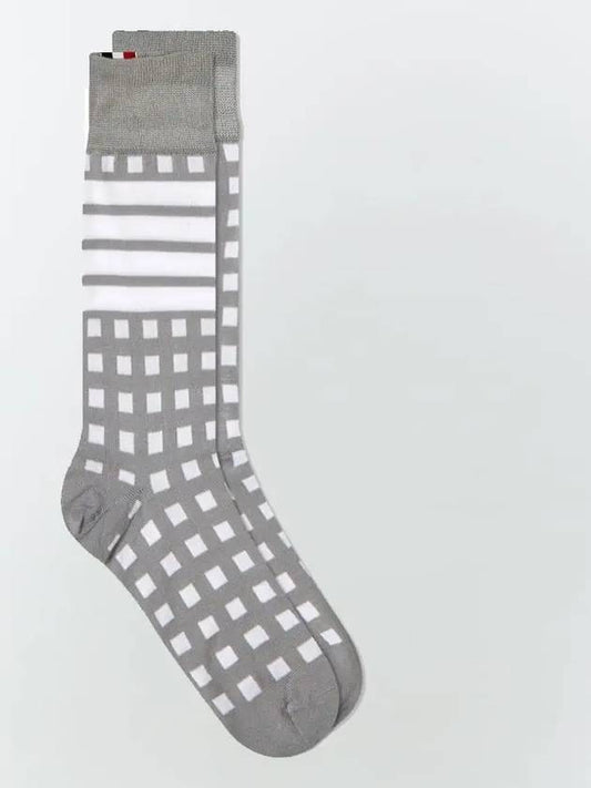 4 Bar Gingham Jacquard Mid Calf Socks Light Grey - THOM BROWNE - BALAAN.