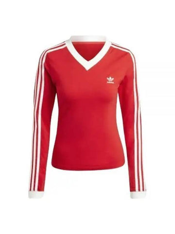 V Neck Cotton Long Sleeved T-Shirt Red - ADIDAS - BALAAN 1