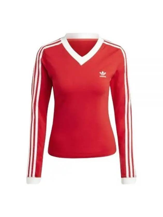 V Neck Cotton Long Sleeved T-Shirt Red - ADIDAS - BALAAN 1