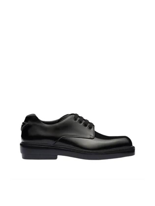 Logo From The Runaway Brushed Leather Derby Shoes Black - PRADA - BALAAN 1