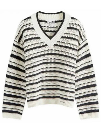 Striped V-Neck Open Knit Top - GANNI - BALAAN 2