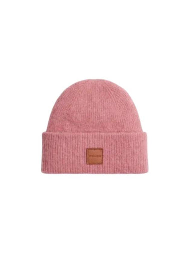 Leather Patch Knit Beanie Pink - COACH - BALAAN 1