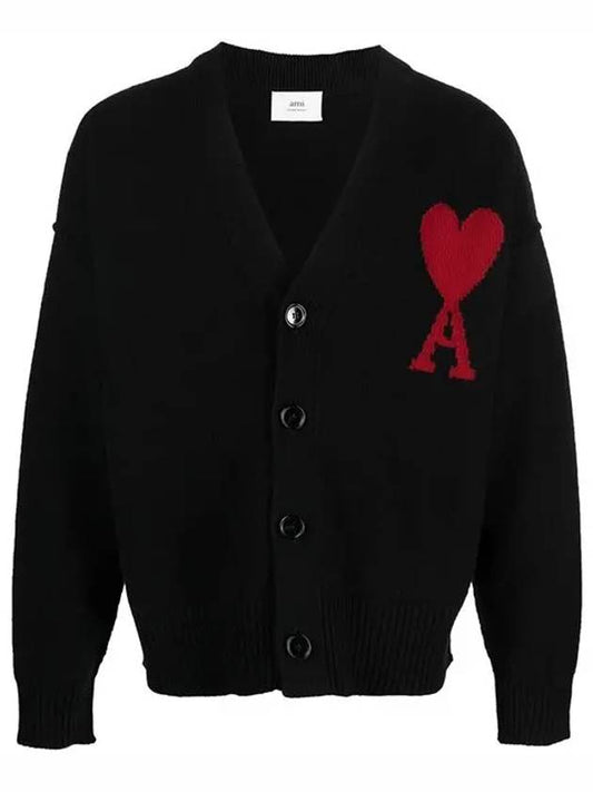 Heart Logo V Neck Wool Cardigan Black - AMI - BALAAN 2