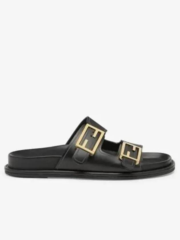 Women's FF Leather Fill Flat Sandals Slippers Black - FENDI - BALAAN 2