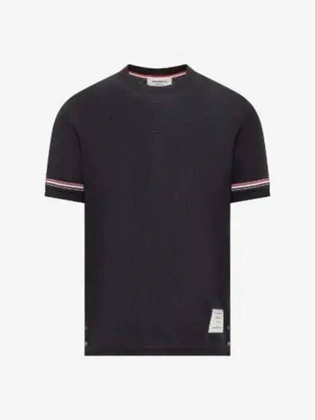 Striped Detail Crew Neck Cotton Short Sleeve T-Shirt Navy - THOM BROWNE - BALAAN 3