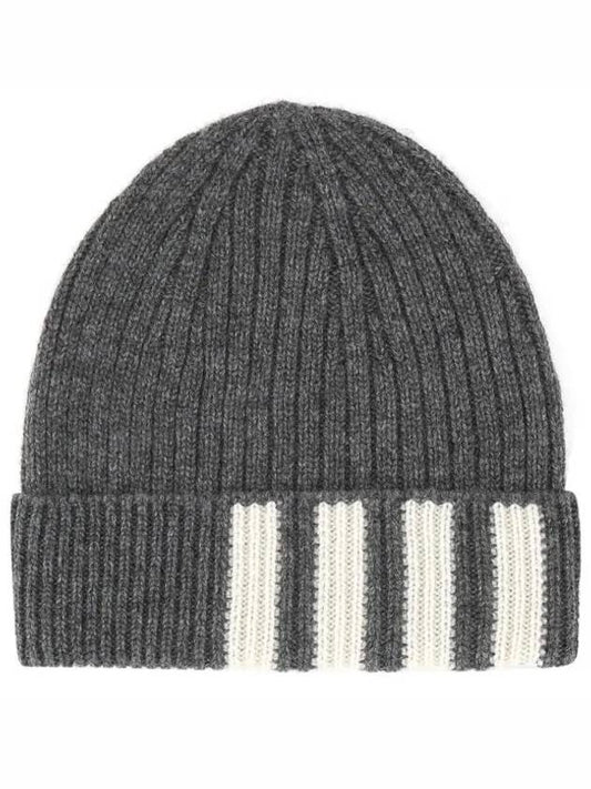 4 Bar Stripe Cashmere Beanie Grey - THOM BROWNE - BALAAN.