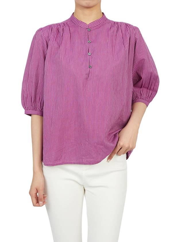 Women's Puff Sleeve Striped Cotton Blouse Purple - VANESSA BRUNO - BALAAN 6