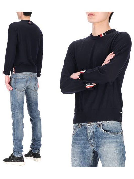 Intarsia Stitch Crew Neck Merino Wool Knit Top Navy - THOM BROWNE - BALAAN 2