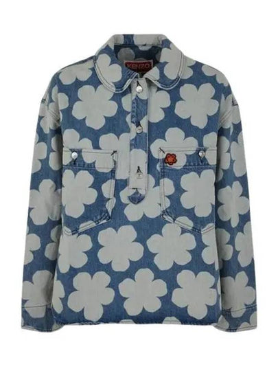 Poppy Print Denim Cotton Polo Shirt Blue - KENZO - BALAAN 2