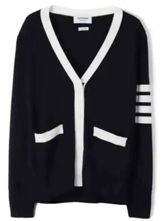 Cotton Hector Pointelle 4 Bar V Neck Cardigan Navy - THOM BROWNE - BALAAN 2