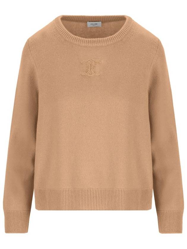 Triomphe Jacquard Crew Neck Heritage Cashmere Knit Top Camel - CELINE - BALAAN 1