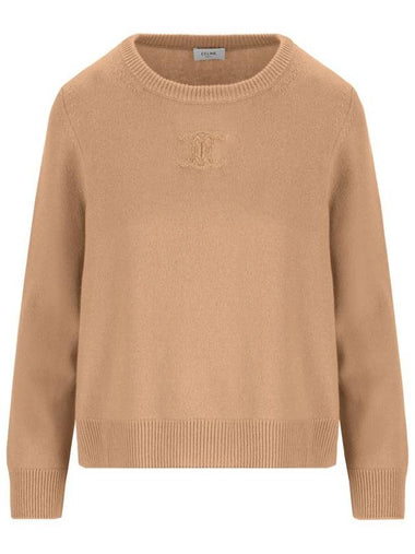 Triomphe Jacquard Crew Neck Heritage Cashmere Knit Top Camel - CELINE - BALAAN 1