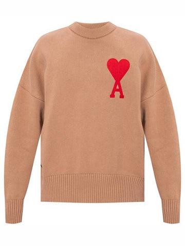 Big Heart Logo Knit Beige - AMI - BALAAN.