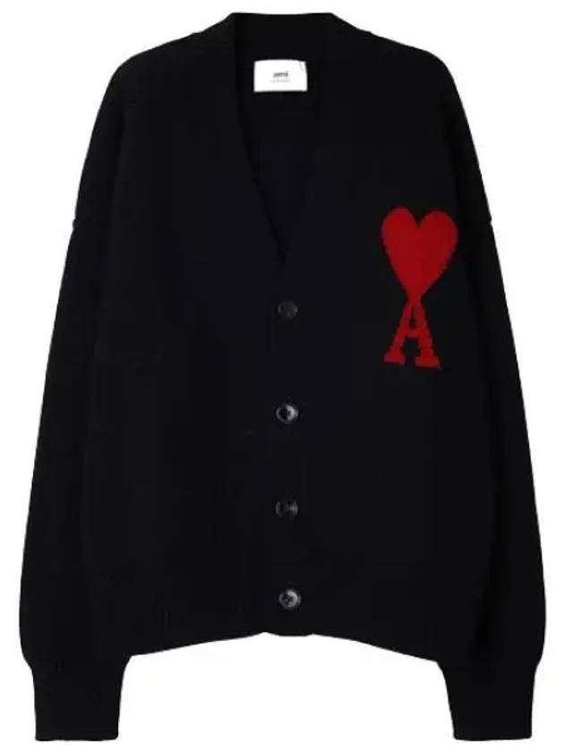 Heart Logo V Neck Wool Cardigan Black - AMI - BALAAN 2